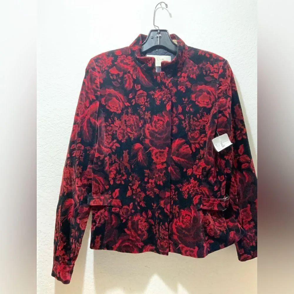 Dana Buchman Velvet Blazer Black Red Floral size 6 T2